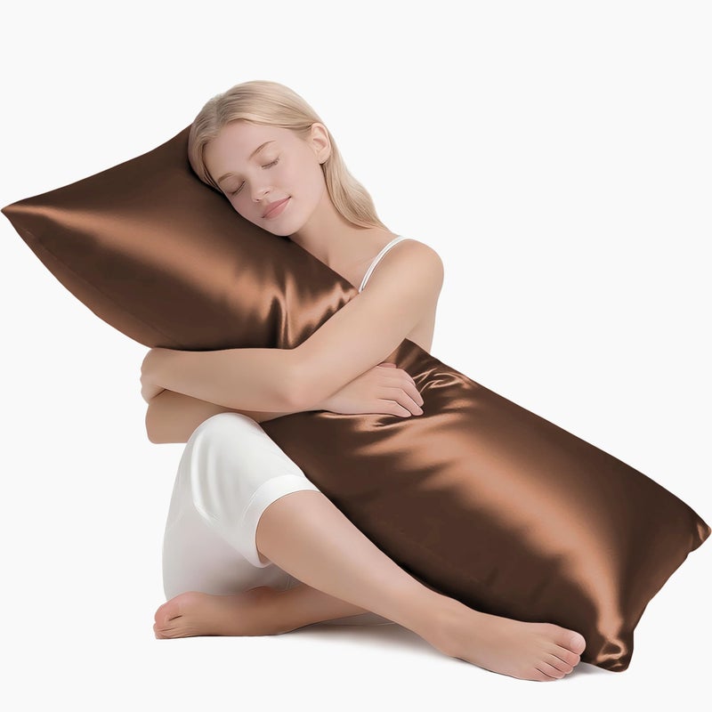 MR&HM Satin Body Pillow Cover, Soft and Breathable Body Pillow Case with Envelope Closure, Cooling and Silky Long Pillowcase for Hair and Skin,Grey (20x54, Brown) - Image 1